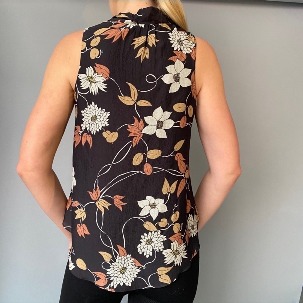 Maeve Anthropologie 100% Silk sleeveless blouse black floral Tie Neck Pussybow - Picture 3 of 9